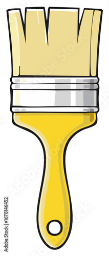 Illustrative yellow paint brush with thick bristles and a handle with a hole