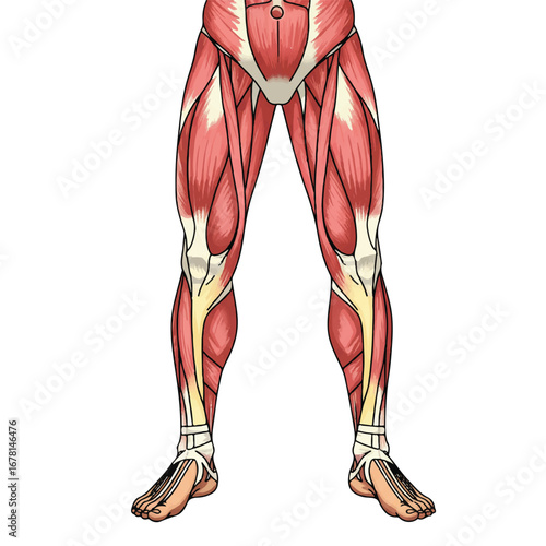 A detailed vector illustration of a human leg muscle diagram, presented in a clear 2D flat style and isolated on a clean white background for educational and scientific purposes.