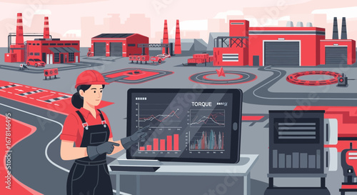 Factory worker reviewing data graphs on tablet at industrial facility