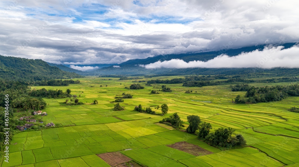 Fototapeta premium Aerial view of lush green rice fields surrounded by mountains and clouds in a serene landscape