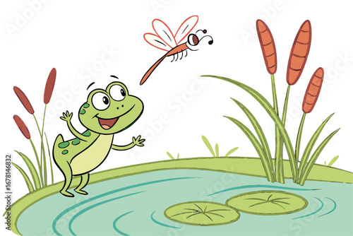 Playful Pond Life Frog and Dragonfly