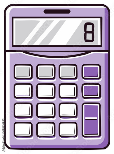 A vibrant purple cartoon calculator showing the number eight on its display for math and financial calculations