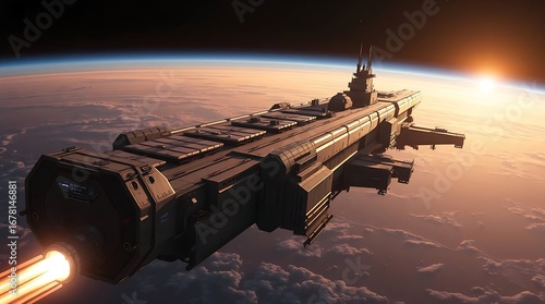 Fototapeta Naklejka Na Ścianę i Meble -  Futuristic Interstellar Cargo Freighter Docking at Orbital Space Station