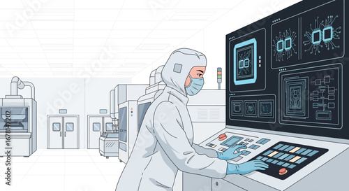 Scientist in cleanroom monitoring chip manufacturing process on digital display
