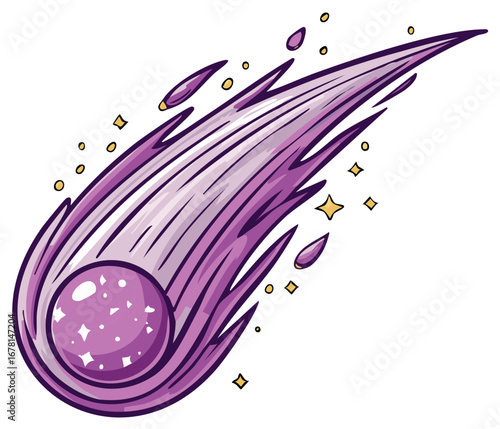 Cartoon comet illustration with stylized stars and glowing sparks on white background