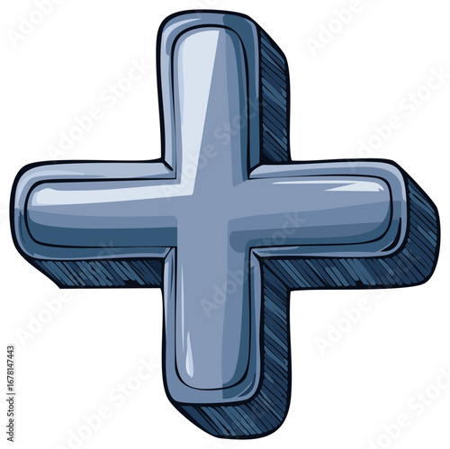 Plus Sign Graphic Blue Steel 3D Illustration Hatching Texture Shadows
