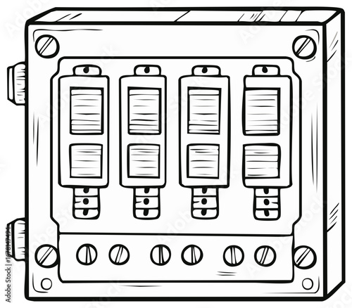 Electrical Fuse Box, Black and White Outline