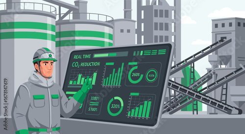 Industrial worker analyzing real-time CO2 reduction data on a digital screen