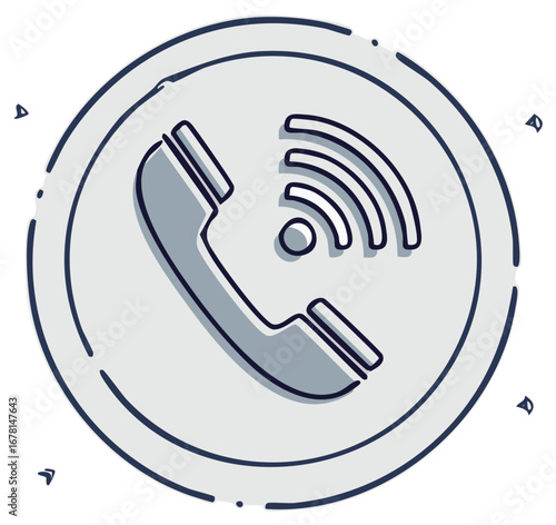 Stylized phone handset icon in a round frame with signal symbol