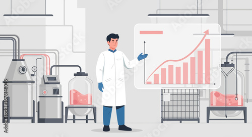 Scientist presenting data in a laboratory setting with industrial equipment