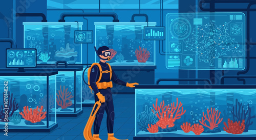 Underwater research facility featuring a scuba diver and aquatic ecosystems