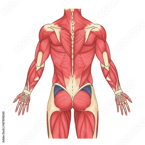 Human muscle system anatomy flat vector illustration isolated on a clean white background, showcasing biological structure and physiological detail for educational purposes.