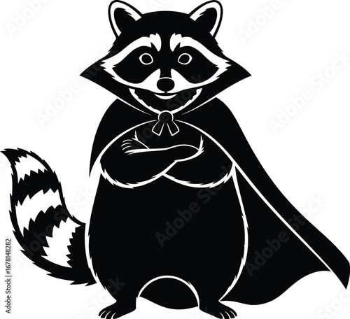 Adorable raccoon character wearing a superhero cape standing proudly silhouette