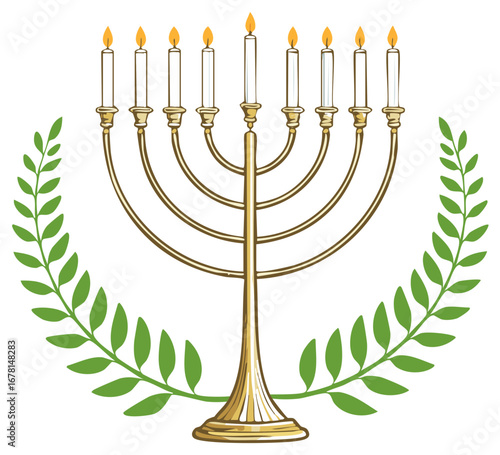 Golden menorah with eight lit candles and green branches symbol of Jewish festival