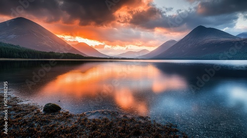 Mountain Lake with Dramatic Sunset Sky and Reflections