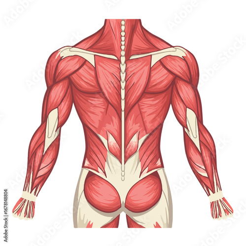 Colorful flat muscle anatomy diagram, a detailed 2D vector illustration isolated on a clean white background, clearly depicting human muscular structure.