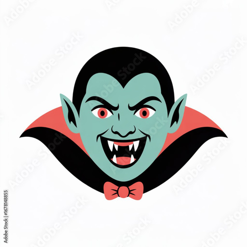 Dracula vampire face icon with fangs, flat cartoon Halloween illustration.