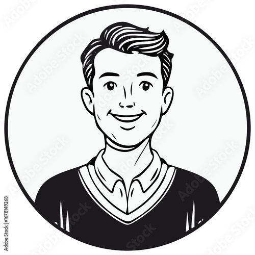 Smiling Young Man Portrait Illustration Graphic Style Black And White Circle