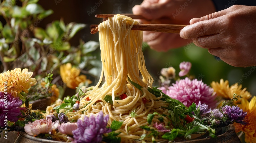Naklejka premium Close-Up of Noodles Being Lifted with Chopsticks Among Flowers