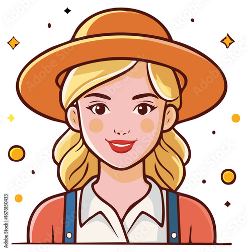 Cartoon Blonde Woman in Overall and Big Hat Smiling Face Close Up