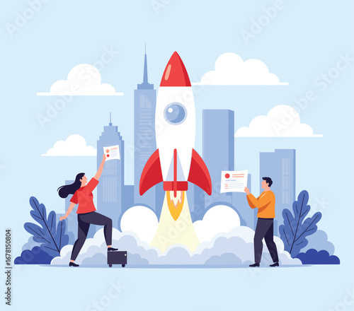 Startup Launch: A dynamic illustration showcasing a rocket launching skyward, symbolizing business growth and new beginnings, with team members celebrating their launch.