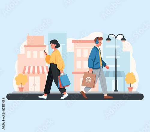 Urban Stroll and Shopping: A vibrant illustration captures the essence of urban life, with two individuals strolling along a city street.