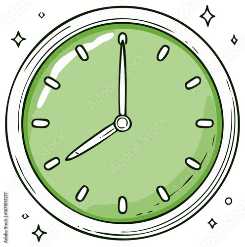 Cartoon style green clock illustration showing time eight o'clock