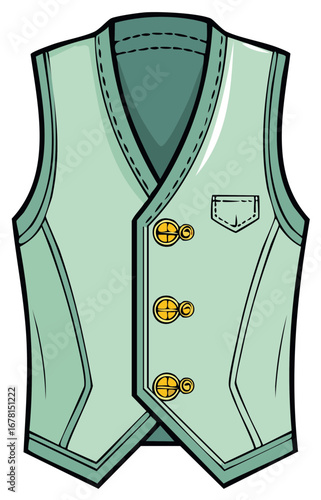 Stylish illustrated green vest with gold buttons, pocket, and decorative stitching.