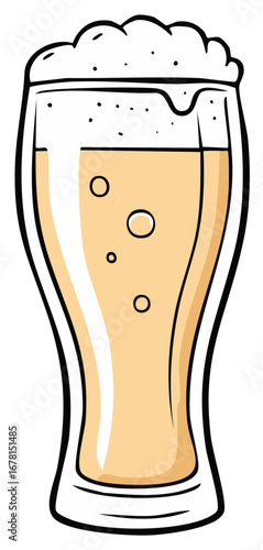 Illustrated tall glass of refreshing light beer with frothy white head and effervescent bubbles