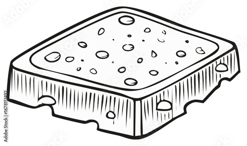 Cheese slice cartoon drawing style. Swiss cheese block in grayscale, food illustration