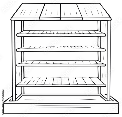 Wooden market stall with multiple shelves for displaying goods and a simple roof structure