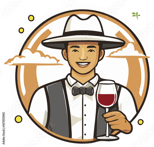 Smiling man in classic attire with a fedora hat holding a glass of red wine professional sommelier illustration