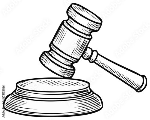 Black and white illustration of a wooden gavel striking its sound block