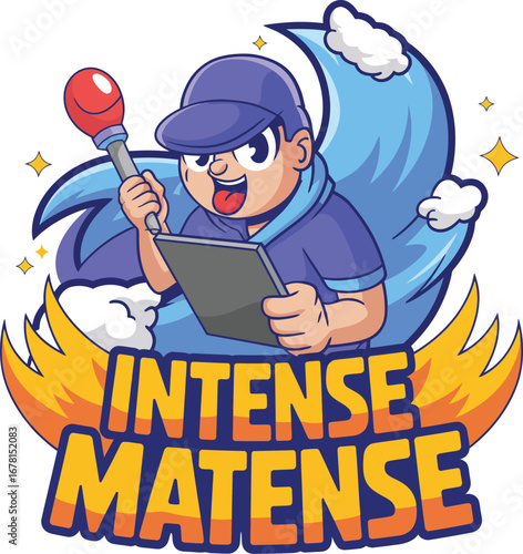 A vibrant cartoon illustration of a cheerful boy in a purple cap and hoodie, drawing on a tablet with a stylus, set against a dynamic blue wave and fiery banner with "INTENSE MATENSE" text.