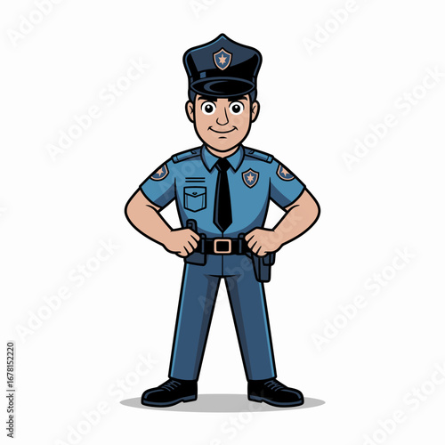 Cartoon illustration of a police officer in uniform standing with hands on his belt.