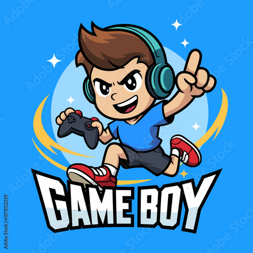 A cartoon boy with headphones and a game controller, jumping with excitement, with the word "GAME BOY" below.
