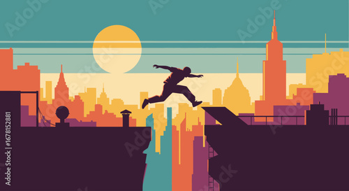 A silhouette takes a leap of faith across a rooftop chasm. This dynamic moment is captured against the backdrop of a vibrant, minimalist cityscape during a serene sunset
