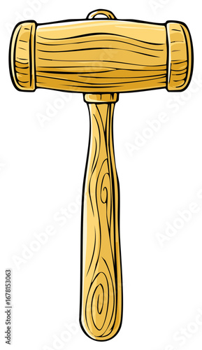 Cartoon illustration of a wooden gavel or mallet, with a handle and striking head, isolated.