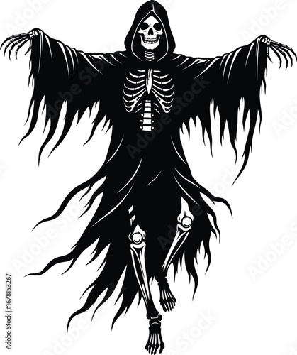 Scary grim reaper skeleton with tattered robes spreading arms silhouette