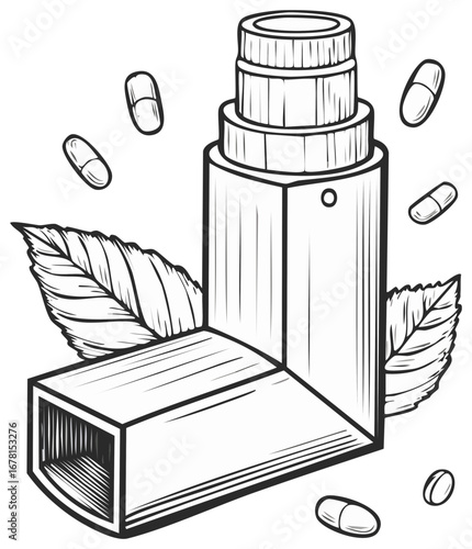 Line Art Illustration of Asthma Inhaler With Capsules and Leaves