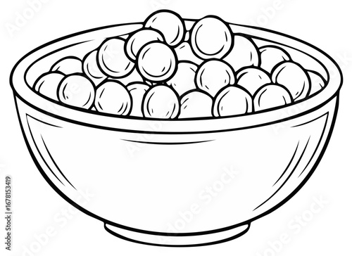 Bowl overflowing with round ingredients, outlined vector illustration for coloring pages or food presentation