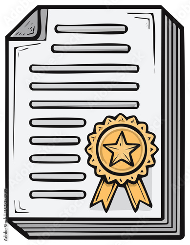Cartoon Illustration of a Stack of Documents with Golden Star Seal Award