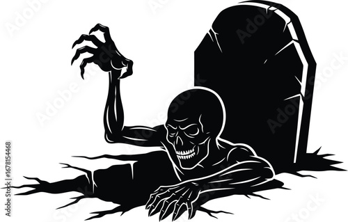 Terrifying zombie rising from a grave silhouette art silhouette