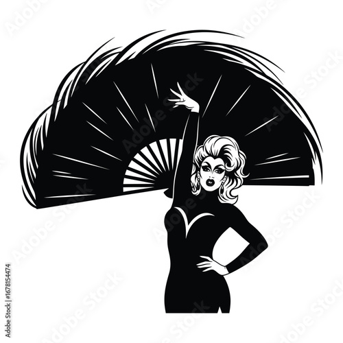Stylish Drag Queen Silhouette Vector Dancing in Heels, Flowing Gown and Glamorous Hair Style, Dramatic Pose with Afro Wig on White Background