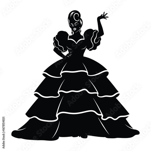 Stylish Drag Queen Silhouette Vector Dancing in Heels, Flowing Gown and Glamorous Hair Style, Dramatic Pose with Afro Wig on White Background