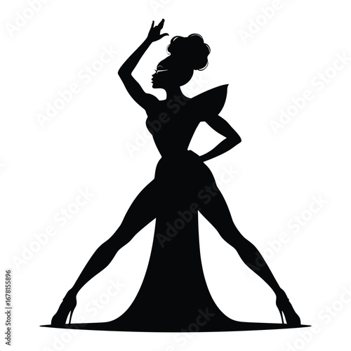 Stylish Drag Queen Silhouette Vector Dancing in Heels, Flowing Gown and Glamorous Hair Style, Dramatic Pose with Afro Wig on White Background