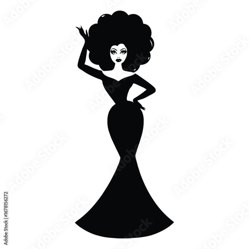 Stylish Drag Queen Silhouette Vector Dancing in Heels, Flowing Gown and Glamorous Hair Style, Dramatic Pose with Afro Wig on White Background