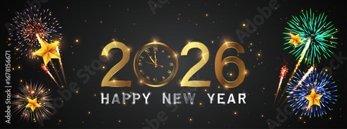 Happy new year 2026 Elegant gold text with fireworks, clock and light. Minimalistic text template.