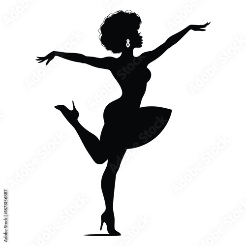 Stylish Drag Queen Silhouette Vector Dancing in Heels, Flowing Gown and Glamorous Hair Style, Dramatic Pose with Afro Wig on White Background