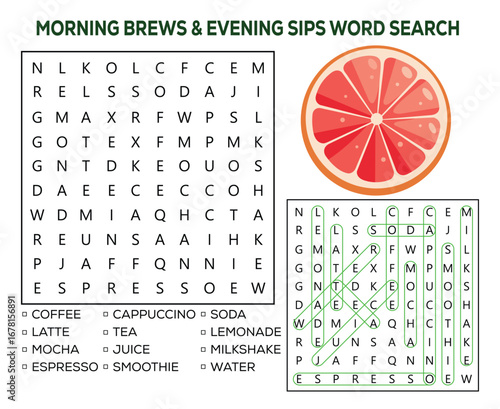 Fun morning brews and evening sips word search puzzle with grapefruit slice